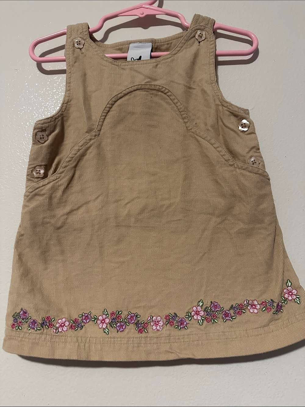 Girls Beige Corduroy Pinafore Dress with Floral Embroidery